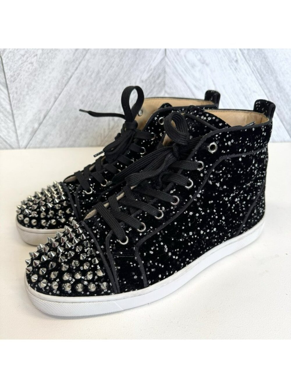 Christian Louboutin Louis Spikes Black Velvet Glitter Shoes High Top 40.5/US 7.5